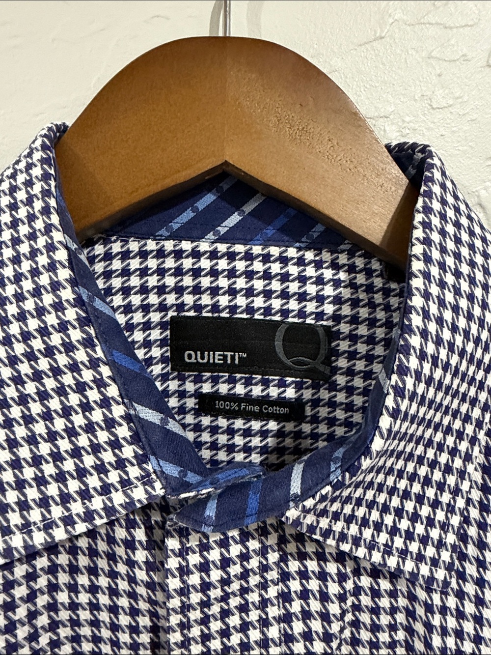 Quieti Men's Luxury Blue & White Micro Houndstooth Dress Shirt Long Sleeve